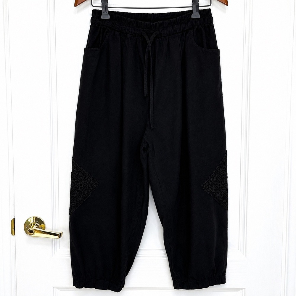 Ei Black Linen Blend Lace Crochet Inset Cropped Jogger Pants Women XL